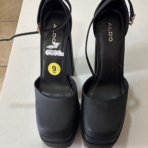 ALDO Black Platform Square-Toe Ankle-Strap Heels with Gold Buckle